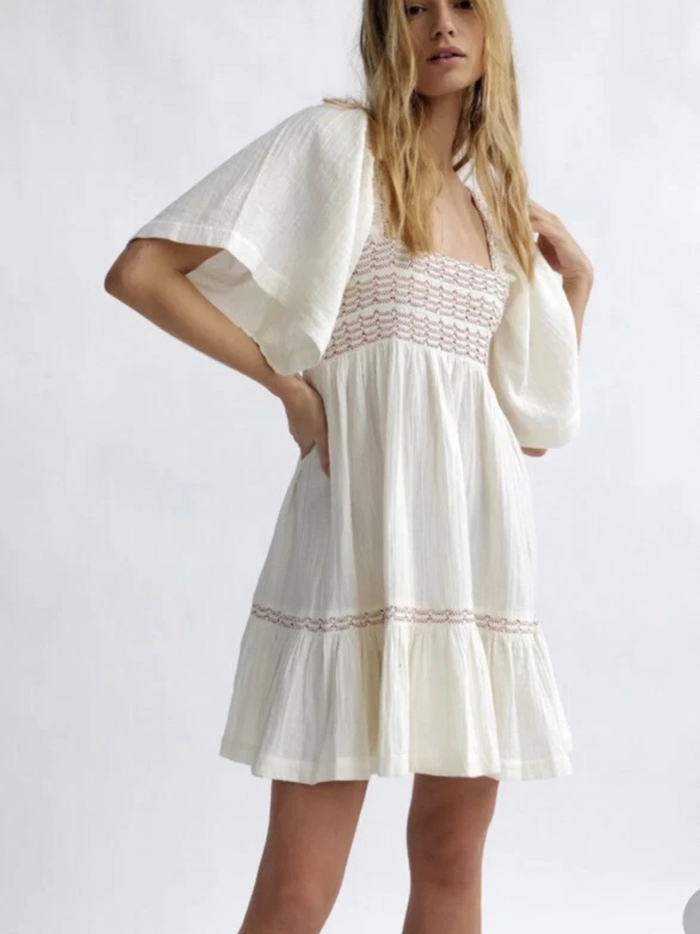 Free People White Smocked Flutter Sleeve Mini Dress Size small
